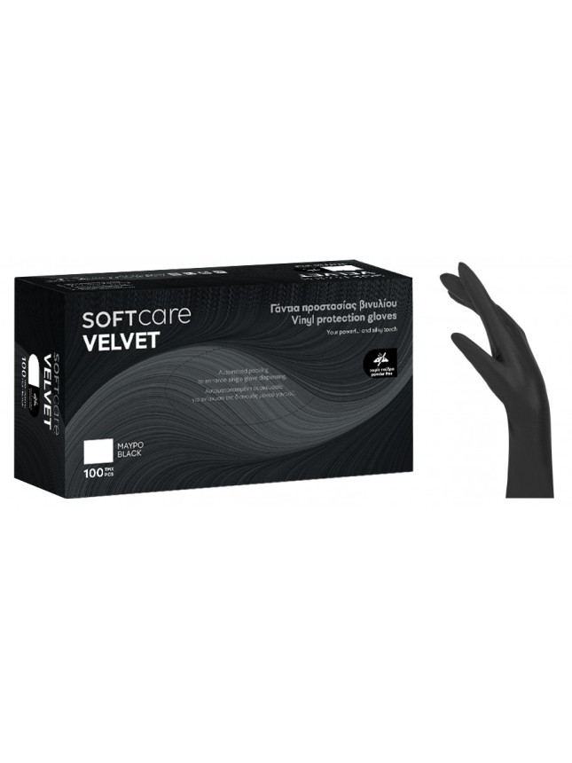 Soft Care Velvet Γάντια Βινυλίου Μαύρα Μιας Χρησης L 100τμχ