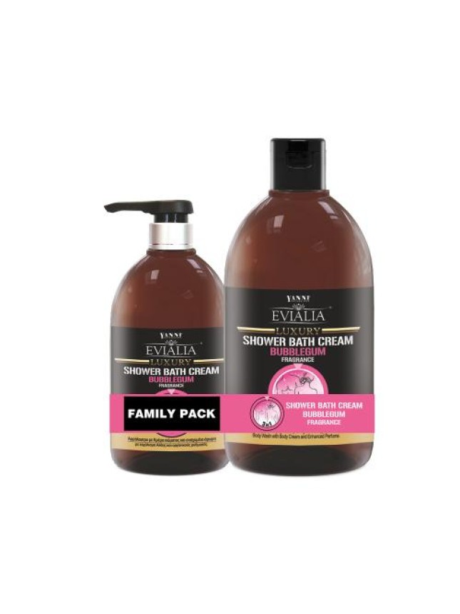 Evialia Family Pack Shower Bath Cream Τσιχλόφουσκα Με Κρέμα Σώματος & 18 ενεργά συστατικά - 1lt + 500ml