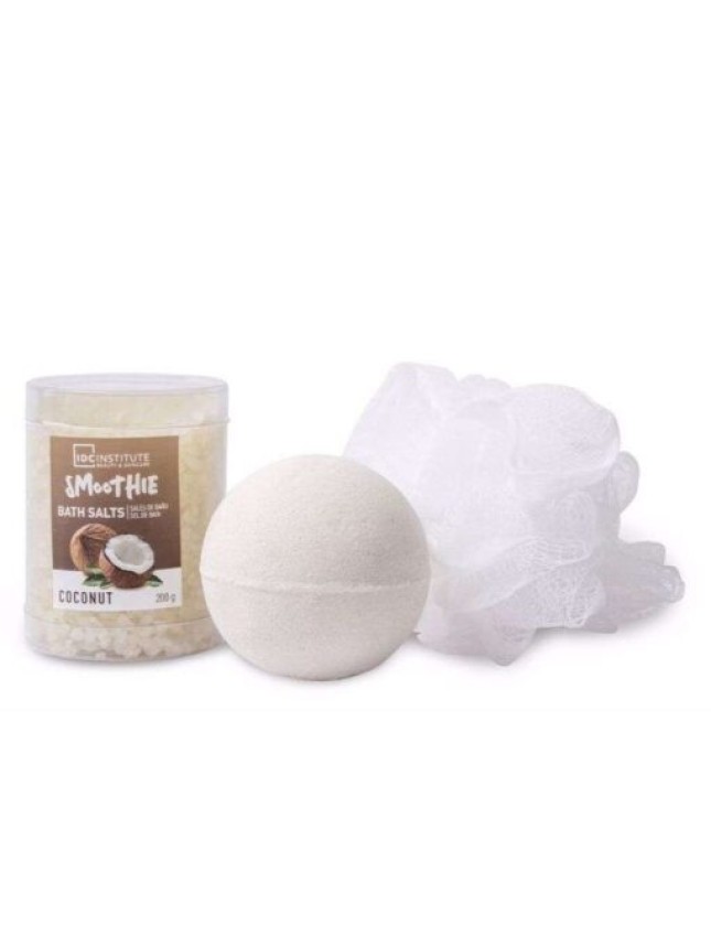 IDC Institute Smoothie Bath Set Coconut Άλατα 200gr , Μπάλα Μπάνιου 140gr & Σφουγγαράκι