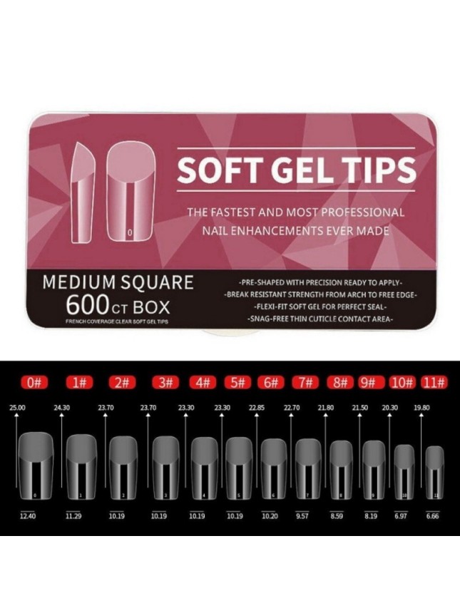 600 Medium Square Soft Gel Tips 11 Sizes